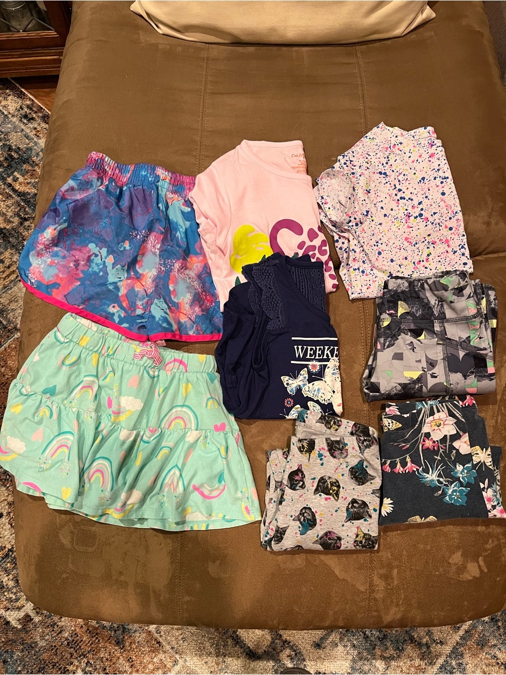 Girls Medium 7-8 lot. Eight items, shirts, shorts, skort, leggings.
